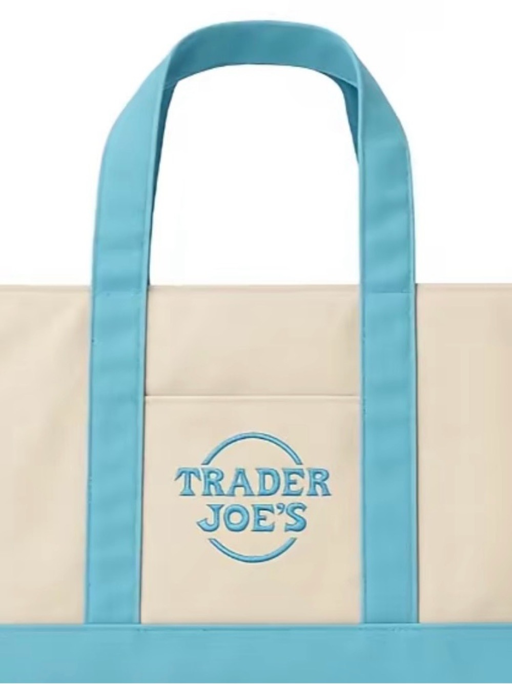 Trader Joe's Cream and Light Blue Tote Bag